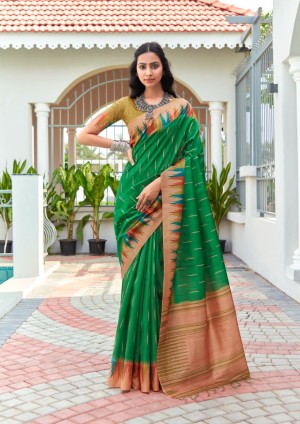 Beautiful temple pattern blouse and border raw silk green saree